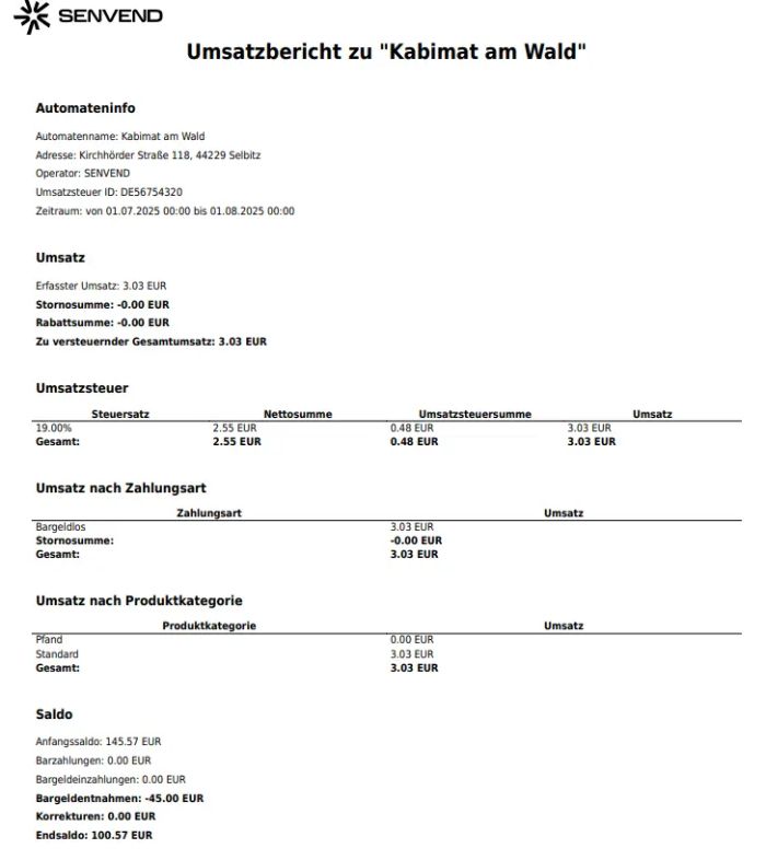 SENVEND Umsatzbericht (revenue report) as PDF